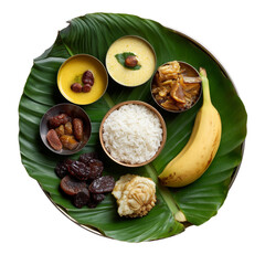 Traditional indian festive meal served on a fresh green banana leaf, top view