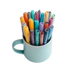 Colorful assortment of marker pens in a blue mug, vibrant stationery supplies.