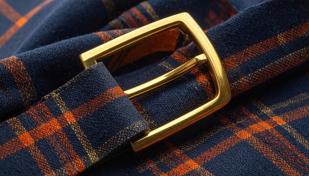 Close-up of a textured plaid fabric belt with a shiny, golden buckle, softly folded for a stylish look