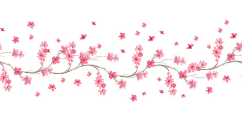 Obraz premium Seamless border of blooming sakura. Watercolor handmade illustration. For fabric, wallpaper, greeting cards, design, decoration and illustration.