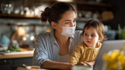 Parent exercising on fitness mat in culinary space while toddler sits with laptop and items faceless mother child defocused kitchen background work life balance motherhood