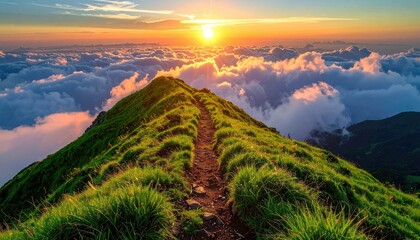 A mountain ridge path leads to a golden sunset above clouds. Serene, vast, & panoramic landscape view