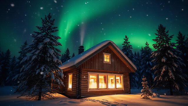 Warm wooden cabin glowing in snowy forest under vibrant northern lights at night, creating a peaceful Arctic winter atmosphere perfect for Christmas and holiday themes. - Powered by Adobe