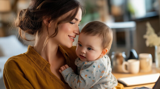 Young parent observing after youngster while working from residence faceless mother daughter defocused home background childcare employment scene family work balance moment - Powered by Adobe