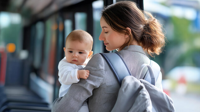 Successful individual going to employment with infant in hands faceless woman baby defocused outdoor background mobile childcare scene professional parent moment commuting