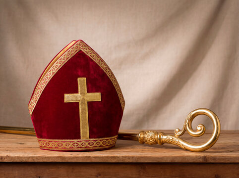 Red Sinterklaas mitre with gold trim paired with a golden crosier staff, displayed on a clean background with soft shadows. High-quality festive product shot capturing traditional Dutch holiday.