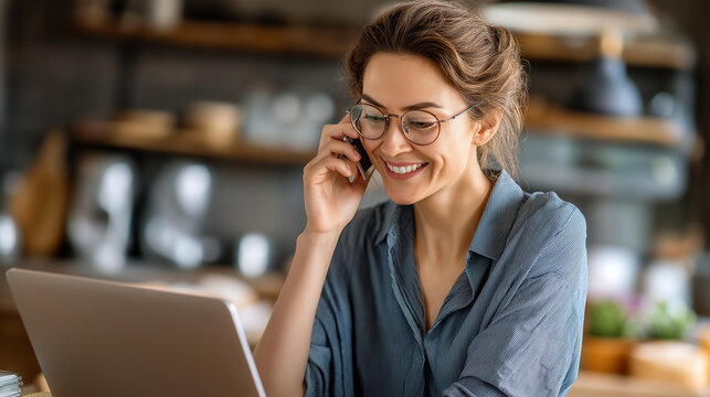 Happy working parent using laptop while making device call at residence faceless mother defocused home background multitasking scene professional communication moment with - Powered by Adobe