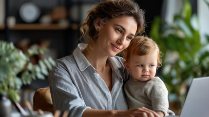 Individual works at residence on laptop with youngster faceless woman child defocused home background parent remote employment lifestyle scene domestic work moment with copy