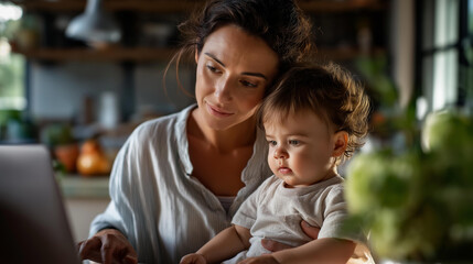 Young parent sitting with youngster while working from residence faceless mother daughter defocused domestic background remote work scene family togetherness moment home
