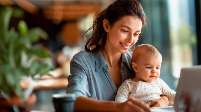 Working parent holding infant at desk with laptop faceless young woman baby defocused flatlay top view background remote employment scene childcare work integration moment