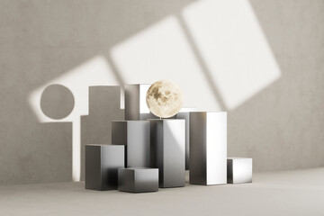 3D render of moon sphere on structured white blocks under sunlight