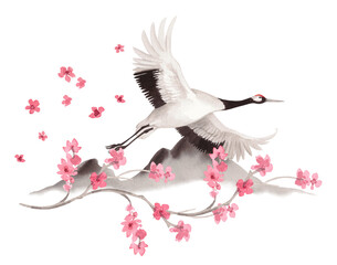 Obraz premium Flyind japanese red crown crane with the mountains and sakura flowers on background. Watercolor handmade illustration. For fabric, wallpaper, greeting cards, design, decoration and illustration.