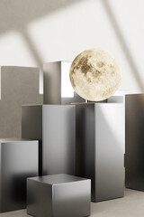 3D render of moon rising from stacked cubes in shadowed interior