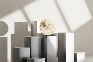3D render of glowing moon balanced on modern architectural blocks