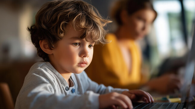 Youngster playing at residence with parent working on laptop faceless child mother defocused home background simultaneous activities scene family proximity moment with copy