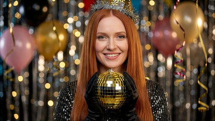 Smiling redhead in sparkly black dress and tinsel crown holds a golden disco ball at a festive new years eve party with balloons and twinkling lights, pure celebration joy