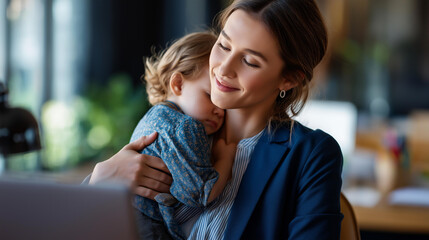 Pretty young professional stands at work desk holding sleeping youngster in arms faceless businesswoman son defocused background working on notebook device happy multitasking