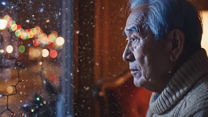Lonely elderly man looking out a window on a snowy Christmas night. Pensive senior feeling sad and alone during the holidays. Nostalgia and solitude concept