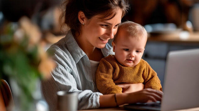 Young parent working on laptop at residence holding adorable infant on lap faceless mother baby defocused home background remote work scene childcare integration moment with
