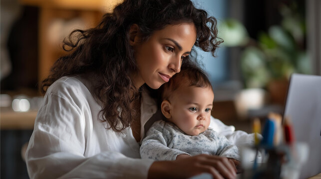 Young parent working remotely on laptop while caring for infant faceless mother baby defocused home background remote employment childcare scene work life balance moment with