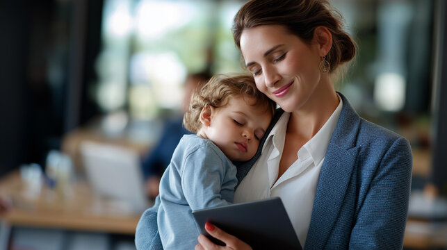 Pretty young professional stands at work desk holding sleeping youngster in arms faceless businesswoman son defocused background working on notebook device happy multitasking