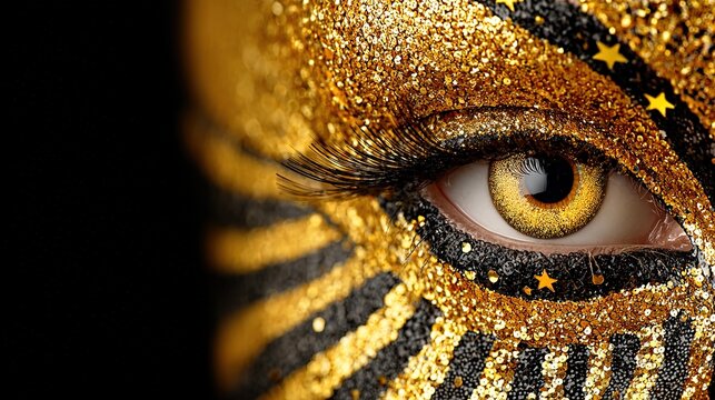 Holiday party makeup tutorial visual: gold star confetti along eye socket, copy-space for step-by-step text—perfect for beauty vlog thumbnail