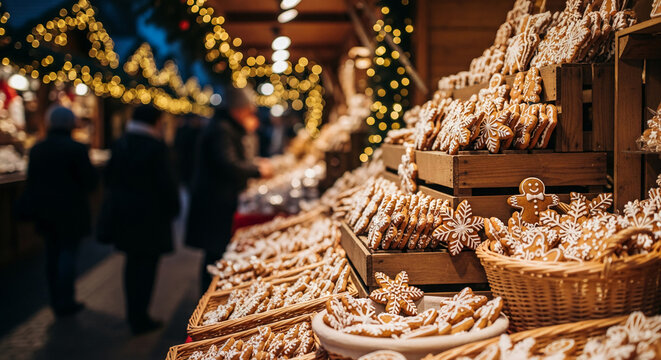 Display of festive gingerbread cookie in a wooden crate and basket, ornamented with white icing, represents Christmas, tradition, and holiday season - Powered by Adobe