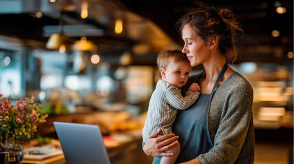 Parent wearing casual outfit standing in culinary space holding infant while multitasking faceless mother baby defocused kitchen background determination love emotion visible