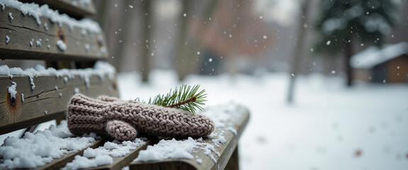 Forgotten child's mitten with a snowflake on park bench in winter