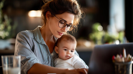 Parent taking care of infant and working on laptop at residence faceless mother baby defocused home background remote work childcare domestic multitasking scene with copy