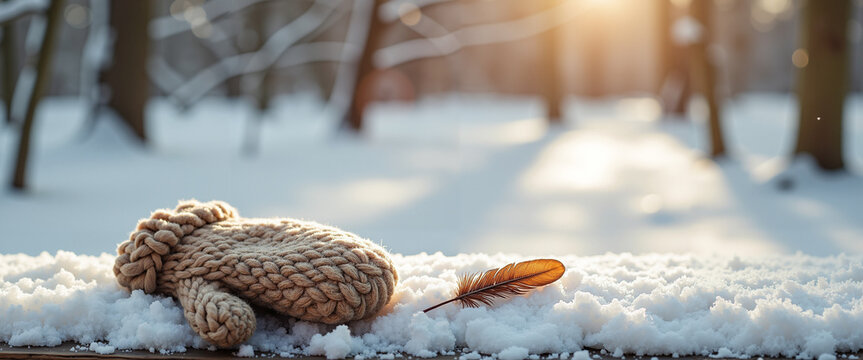 Child's knitted mitten with snowflake lying on park bench in winter  