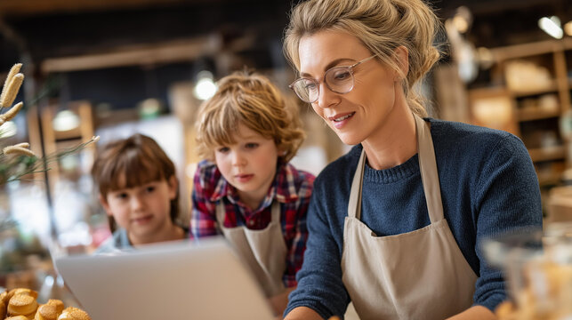 Busy parent with two youngsters works on laptop in culinary space faceless mother children defocused kitchen background multitasking family scene work life balance moment - Powered by Adobe