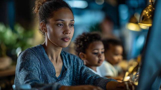 Busy parent with two youngsters works on laptop in culinary space faceless mother children defocused kitchen background multitasking family scene work life balance moment - Powered by Adobe