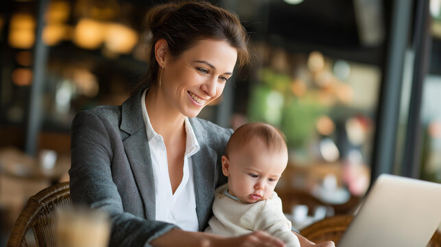 Remote business scene with happy professional with infant working with laptop and device faceless woman baby defocused background multitasking employment moment mobile work