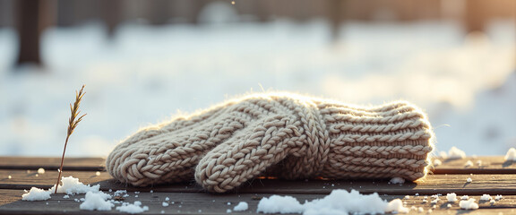 Knitted child's mitten with snowflake lying on wooden park bench  