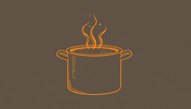 Orange line art of a steaming cooking pot illustration on a solid brown background
