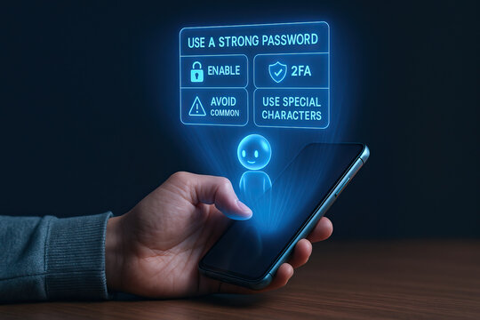 Cybersecurity mobile password security data protection authentication 2fa encryption smartphone user hand hologram neon blue advice tips access login account safe privacy shield warning sign