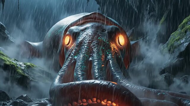 Mysterious Giant Kraken Emerges from Dark Underwater Cave
