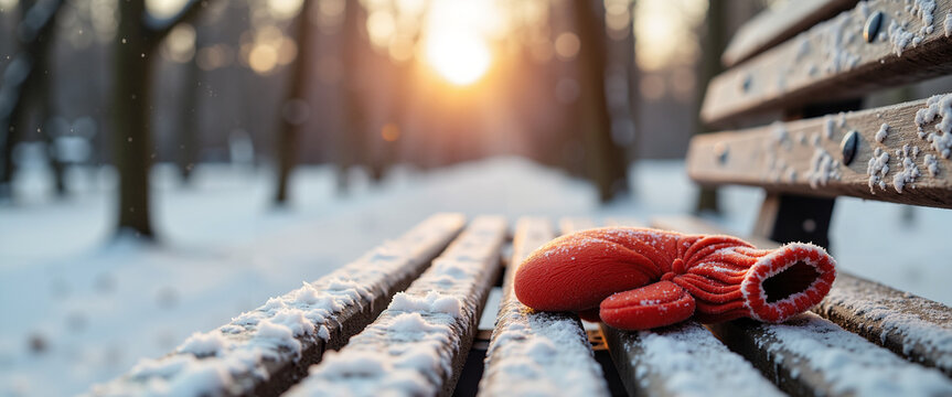 Forgotten child's mitten with a snowflake on it, lying on a park bench  