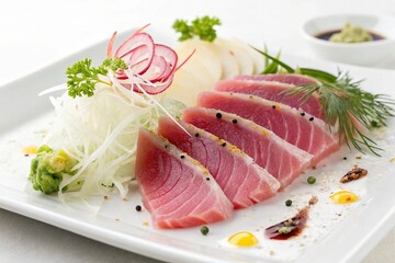 Fresh tuna sashimi platter with shredded cabbage and garnish