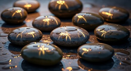 Tranquil zen garden stones glistening with water droplets under soft light offer a sense of peace and balance, ideal for spa or wellness designs