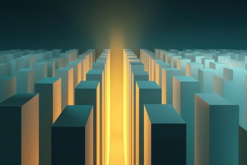 Tall glowing yellow pillar rising above teal grid, minimalist business metaphor for leadership, vision and standout excellence