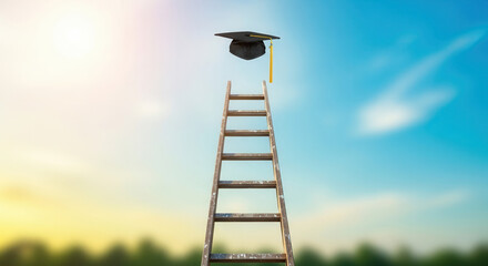 Ladder reaching graduation cap in sky, educational advancement and career growth symbol