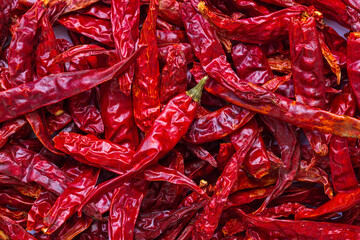 Macro red dried chili,Dried red chilies are being dried in the sun. photography with a macro lens and depth of field