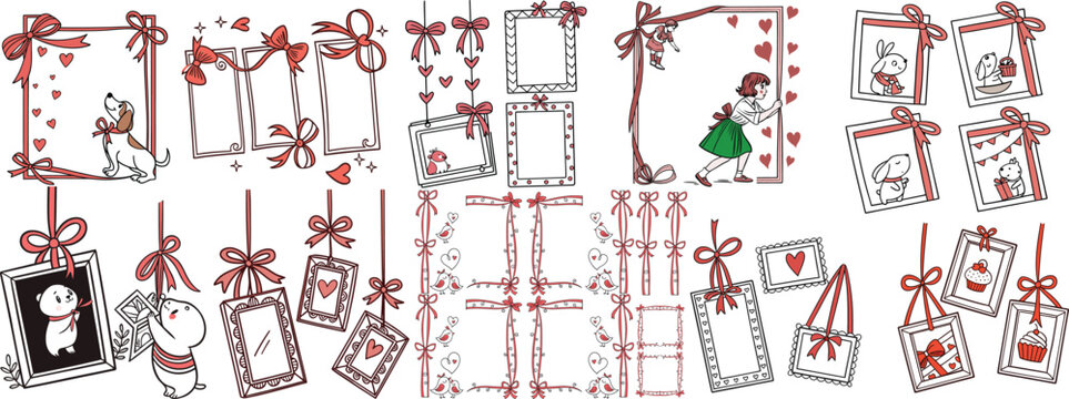 Set of hand drawn doode coquette rectangle vertical red ribbon frames with cute tied bow. Christmas, New Year, Valentines day greeting cards, bachelorette, wedding, birthday party whimsical design