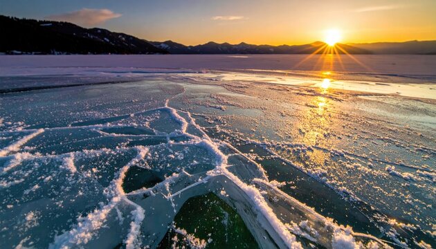 Golden sun over fractured ice. Mountains backdrop a frozen landscape bathed in warm light, creating stark contrast