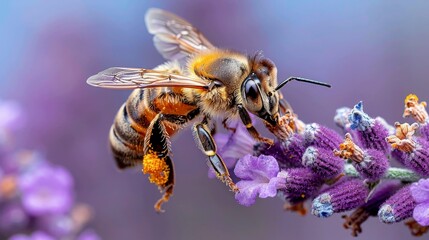 a shallow depth of field, of a European honeybee in mid-flight, just landing on a vibrant purple lavender flower to collect pollen