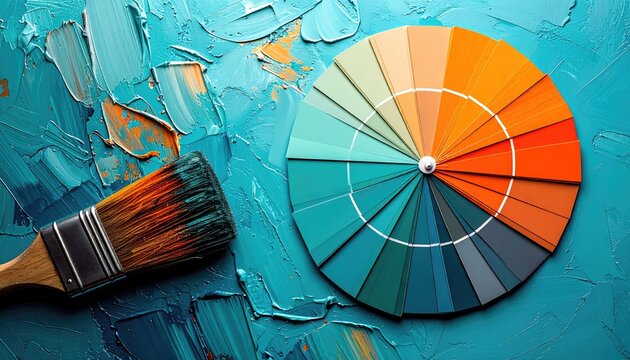 Color palette wheel and brush on blue, textured background with brushstrokes and hints of orange - Powered by Adobe