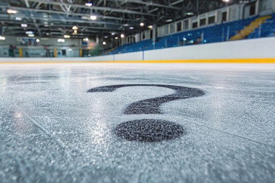 A large question mark is painted onto a freshly-zambonied ice rink, the blurry background showing empty bleachers and the metallic structure of an indoor arena