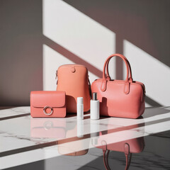 Collection of pink purses and handbags on marble surface, showcasing diverse styles and latest fashion trends in elegant, stylish accessory display